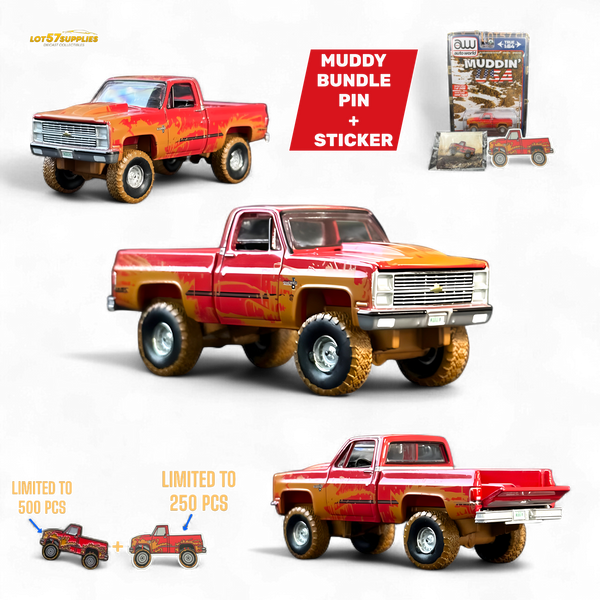 Auto World 1983 Chevrolet Silverado K10 4x4 Muddy LIFTED Squarebody 1:64 BUNDLE 1:64