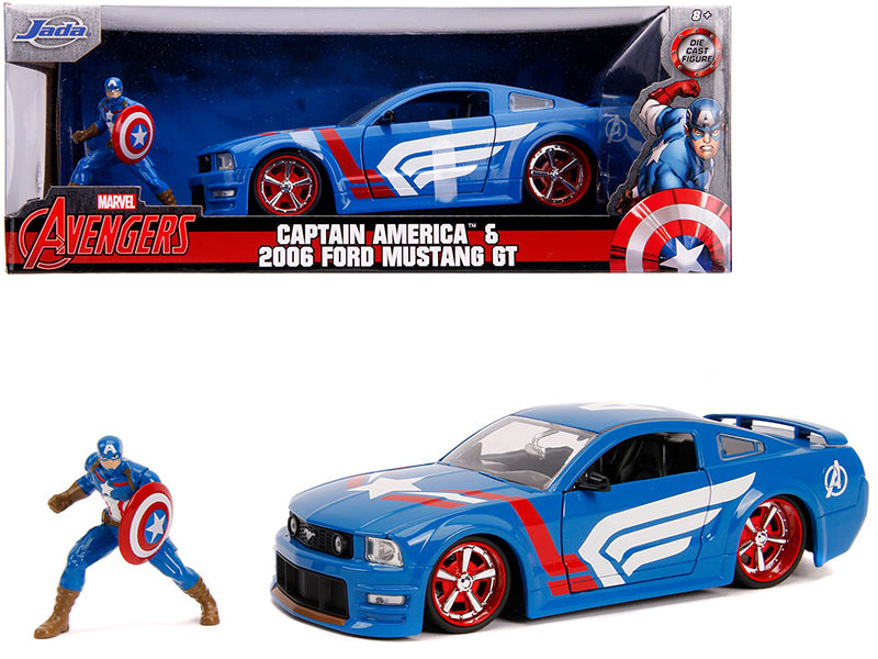2006 Ford Mustang GT with Captain America Diecast Figurine "Avengers" "Marvel" Series 1/24 Diecast Model Car by Jada —