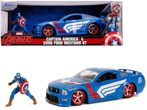 2006 Ford Mustang GT with Captain America Diecast Figurine "Avengers" "Marvel" Series 1/24 Diecast Model Car by Jada —