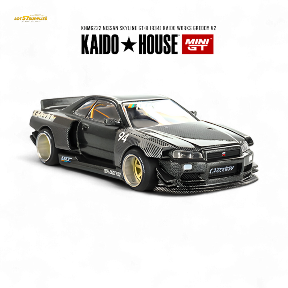 (Pre-Order) Kaido House x Mini GT Nissan Skyline GT-R (R34) Kaido Works GReddy V2 - Black w/ Carbon 1:64