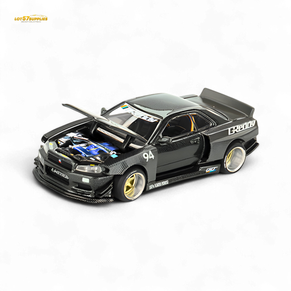 (Pre-Order) Kaido House x Mini GT Nissan Skyline GT-R (R34) Kaido Works GReddy V2 - Black w/ Carbon 1:64