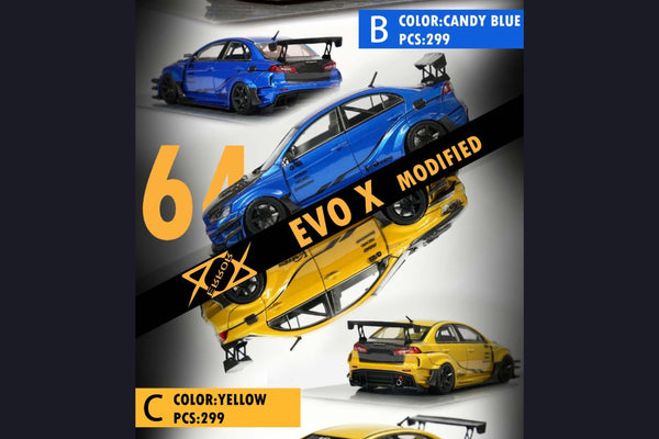 Error404 Model Mitsubishi Evolution X Varis Widebody in Candy Blue OR Yellow 1:64 Each Limited to 299 Pcs