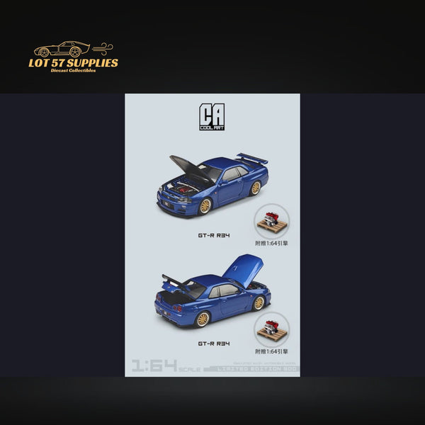 Cool ART Nissan Skyline GT-R R34 BLUE With Openable Hood-Trunk & Display Engine 1:64