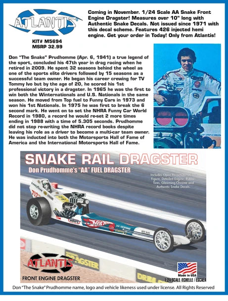Atlantis Models 1:24 Don the Snake Prudhomme's "AA" Fuel Front Engine Rail Dragster Plastic Model Kit