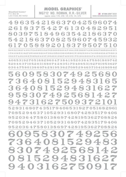 Woodland Scenics MG712 Roman Silver Numbers Dry Transfer Decals