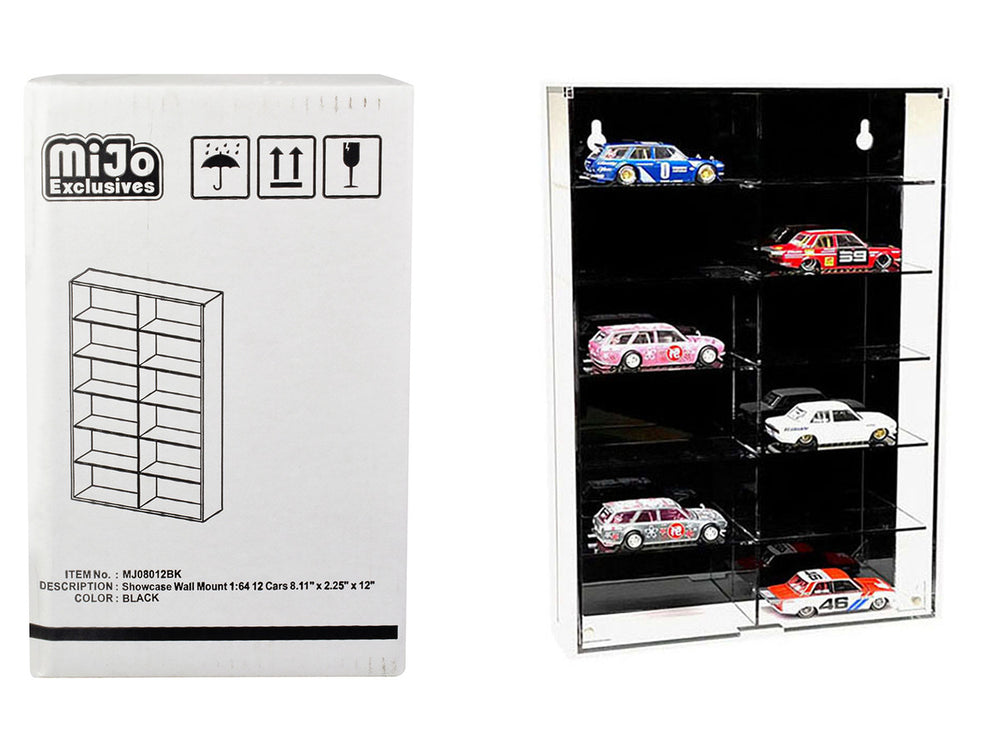 Showcase 12 Car Display Case Wall Mount - Clear, Black or White back panel - "Mijo Exclusives" for 1/64 Scale Models