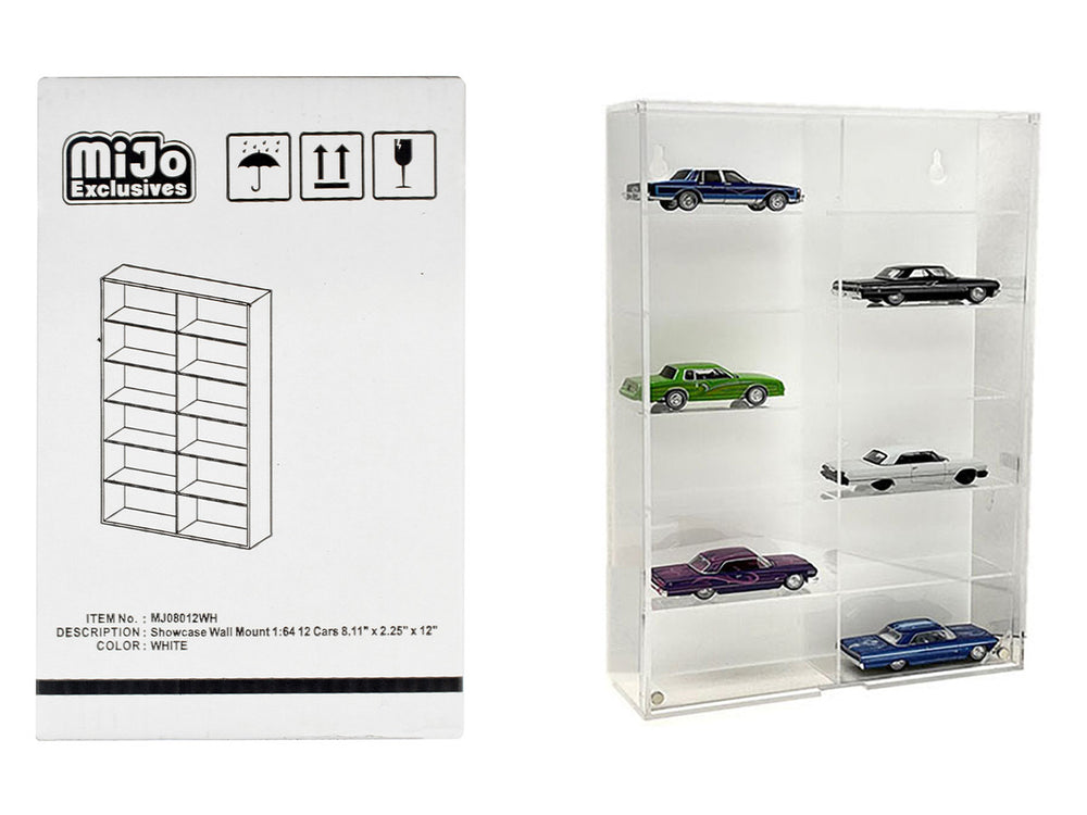 Showcase 12 Car Display Case Wall Mount - Clear, Black or White back panel - "Mijo Exclusives" for 1/64 Scale Models