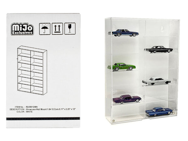Showcase 12 Car Display Case Wall Mount - Clear, Black or White back panel - "Mijo Exclusives" for 1/64 Scale Models