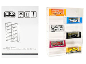 Showcase 12 Car Display Case Wall Mount - Clear, Black or White back panel - "Mijo Exclusives" for 1/64 Scale Models