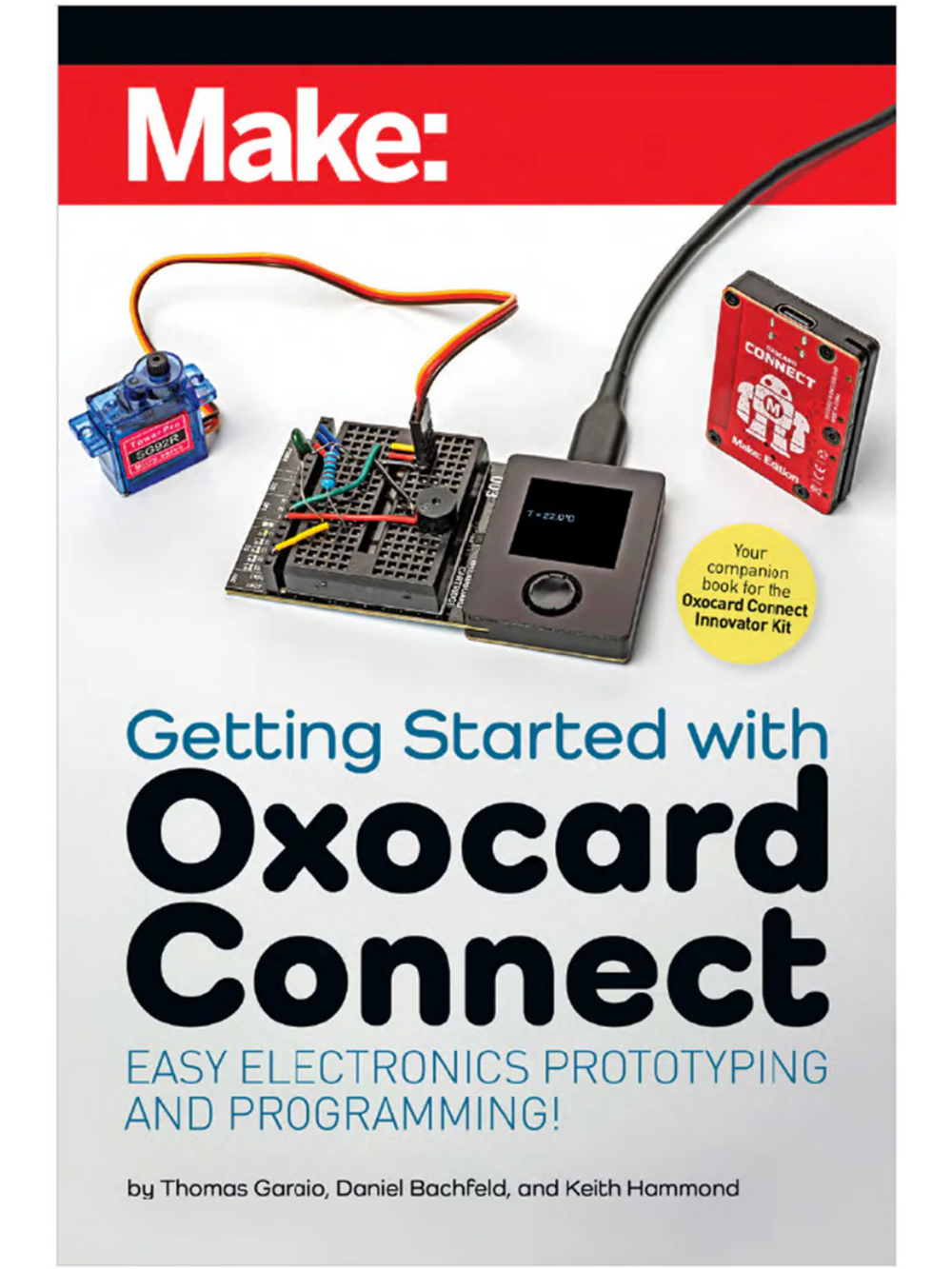 Cover of Make: Getting Started with Oxocard Connect - PDF featuring electronics prototyping components including a servo motor, breadboard with wires, and a red Oxocard device for STEM learning and programming.