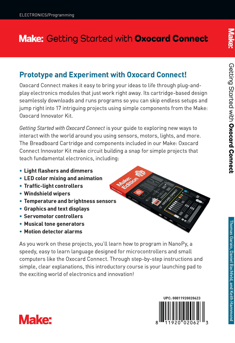 Cover of Make: Getting Started with Oxocard Connect - PDF featuring electronics prototyping components including a servo motor, breadboard with wires, and a red Oxocard device for STEM learning and programming.