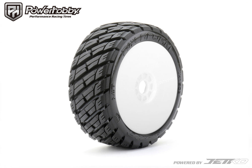Powerhobby 1/8 Buggy Rockform BELTED Tires Mounted on White Dish Wheels