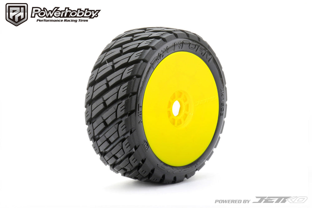 Powerhobby 1/8 Buggy Rockform Belted Tires Mounted on Yellow Dish Wheels