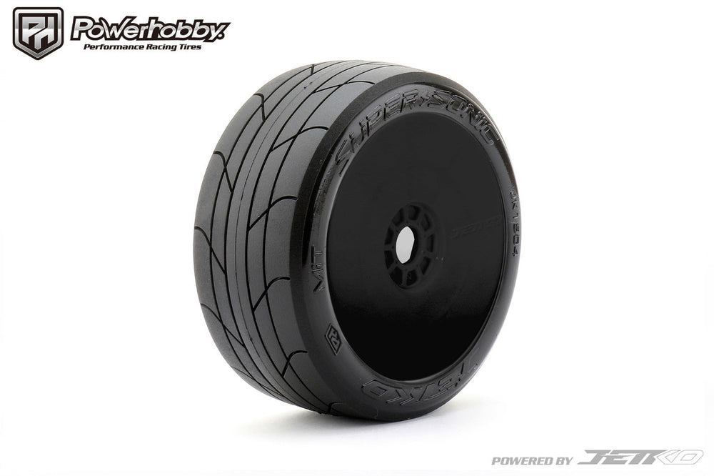 Powerhobby 1/8 Buggy Super Sonic Belted Tires Mounted on Black Dish Wheels