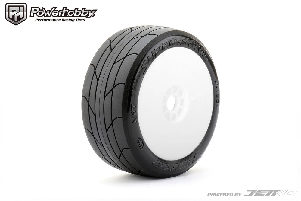 Powerhobby 1/8 Buggy Super Sonic BELTED Tires Mounted on White Dish Wheels