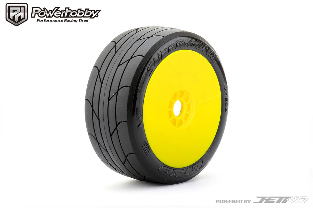 Powerhobby 1/8 Buggy Super Sonic Belted Tires Mounted on Yellow Dish Wheels
