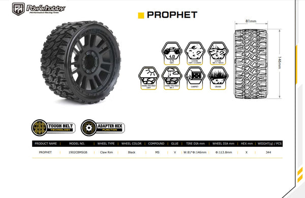 Powerhobby 1/8 MT 4.0 Prophet Belted Mounted Tires w Removable Hex Wheels (2)