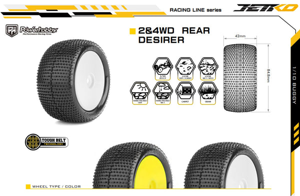 Powerhobby Desirer Mounted Tires Rear 1/10 Buggy (2) White Super Soft 2WD / 4WD