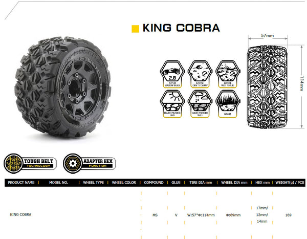 Powerhobby 1/10 2.8 ST King Cobra Belted Tires (2) with Removable Hex Wheels