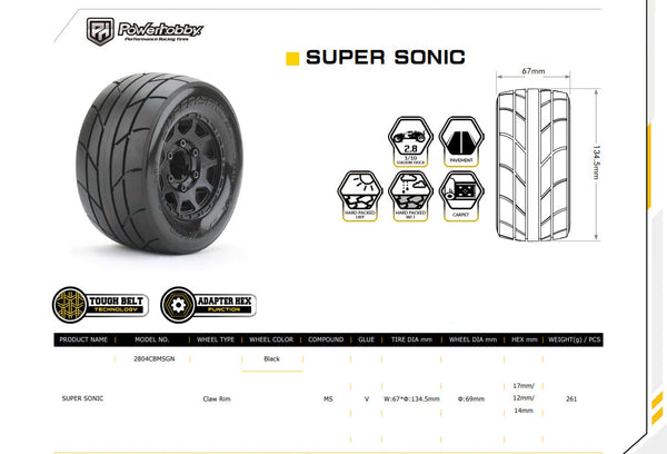 Powerhobby 1/10 2.8 MT Super Sonic Tires (2) with Removable Hex Wheels