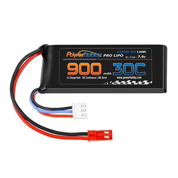 PowerHobby 2S 7.4V 900mAh 30C Lipo Battery w JST Connector 2-Cell
