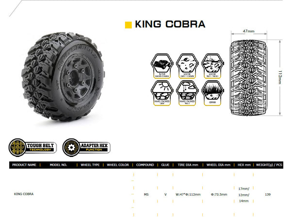 Powerhobby King Cobra 1/10 SC Belted Tires (2) with Removable Hex Wheels