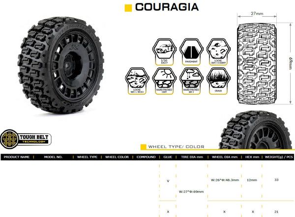 Powerhobby 1/10 Rally Car Couragia Mounted Tires Claw Wheels (4)