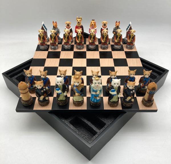 Little Shop of Magic Chess Set - Cats & Dogs Resin Chessmen on Black/Maple Chest — Board Game