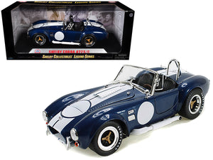 1965 Shelby Cobra 427 S/C Dark Blue Metallic with White Stripes with Printed Carroll Shelby's Signature on the Trunk 1/18