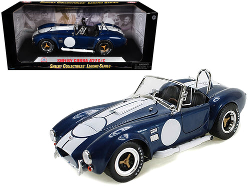 1965 Shelby Cobra 427 S/C Dark Blue Metallic with White Stripes with Printed Carroll Shelby's Signature on the Trunk 1/18