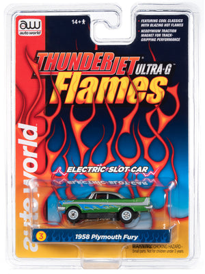 Auto World 1958 Plymouth Fury Thunderjet Flames HO Slot Car SC353 fits AFX