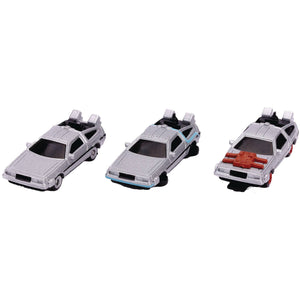 Back to the Future Trilogy die-cast 1⅔-inch Nano "Hollywood Rides" DeLorean Time Machine 3-pack - Echo Six Hobbies