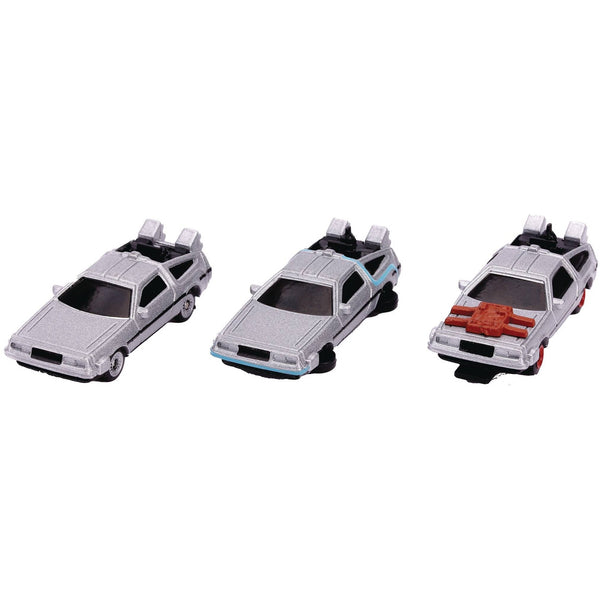 Back to the Future Trilogy die-cast 1⅔-inch Nano "Hollywood Rides" DeLorean Time Machine 3-pack - Echo Six Hobbies