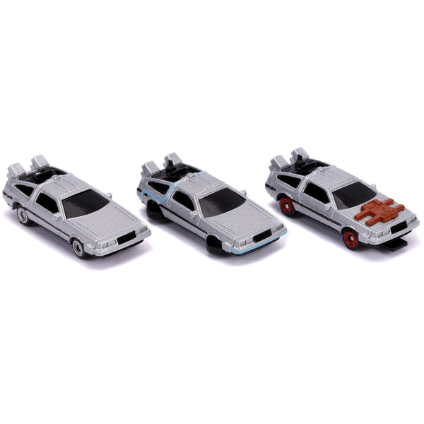 Back to the Future Trilogy die-cast 1⅔-inch Nano "Hollywood Rides" DeLorean Time Machine 3-pack - Echo Six Hobbies