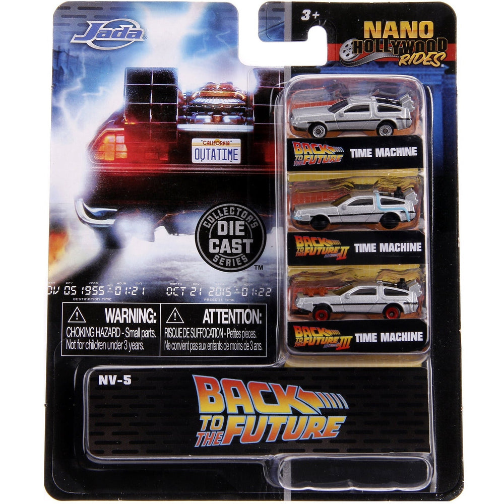 Back to the Future Trilogy die-cast 1⅔-inch Nano "Hollywood Rides" DeLorean Time Machine 3-pack - Echo Six Hobbies