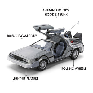 Back to the Future die-cast 1:24 scale 40th Anniversary "Hollywood Rides" light-up DeLorean Time Machine