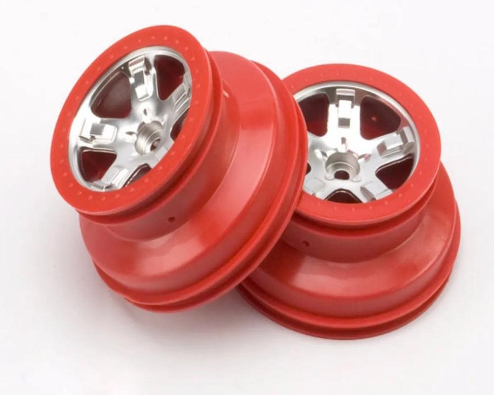 PowerHobby Traxxas TRA5874A Wheels SCT Satin Chrome Red Beadlock Style Dual Profile