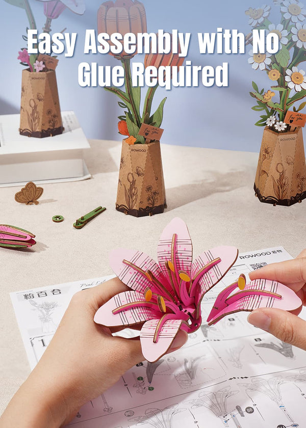 Rowood - Pink Tulip DIY Flower 3D Wooden Puzzle TW082