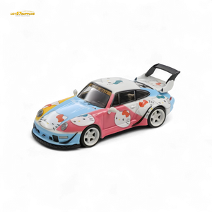 Colorful toy car with Hello Kitty design on a white background