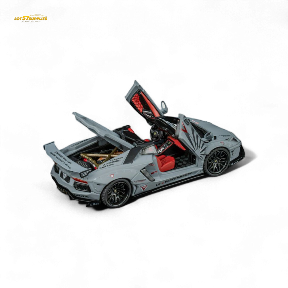 Model car with open doors on a white background