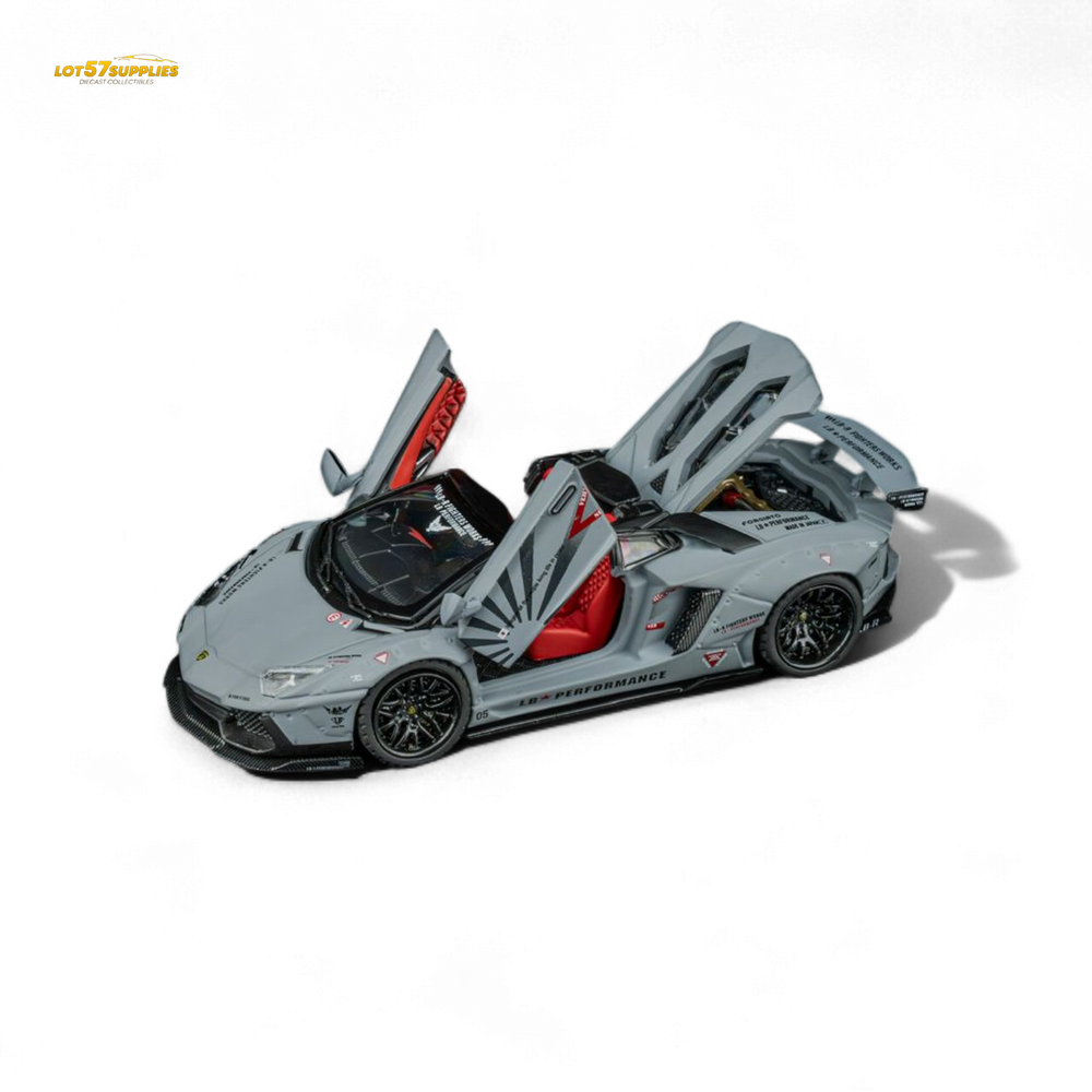 Model car with open doors on a white background
