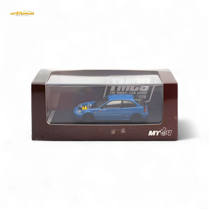 Model car in a transparent box with visible branding on a white background