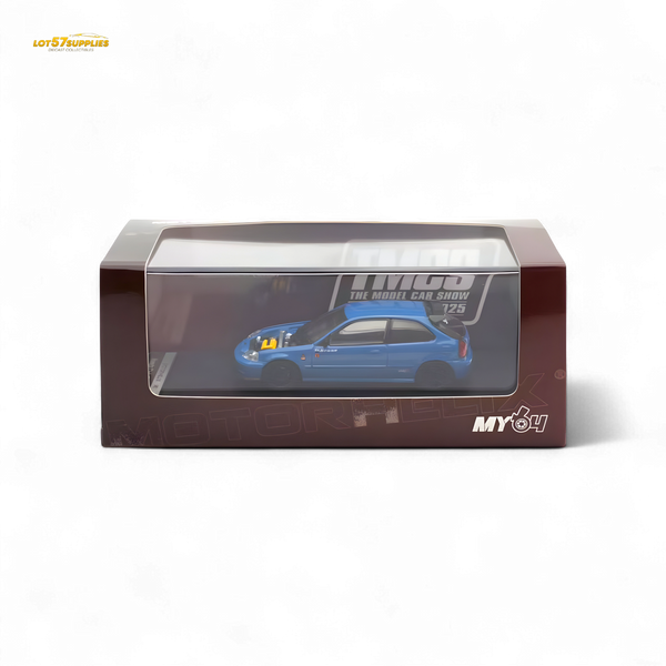 Model car in a transparent box with visible branding on a white background