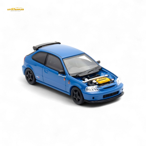 Blue model car with open hood on a white background