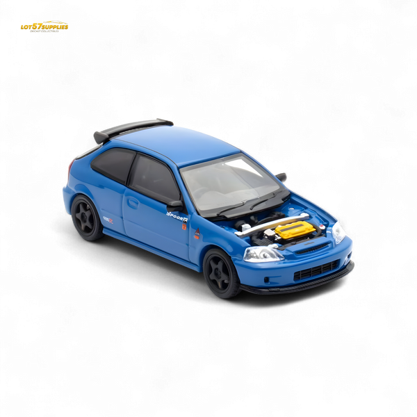 Blue model car with open hood on a white background