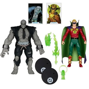 Two action figures with accessories on a white background
