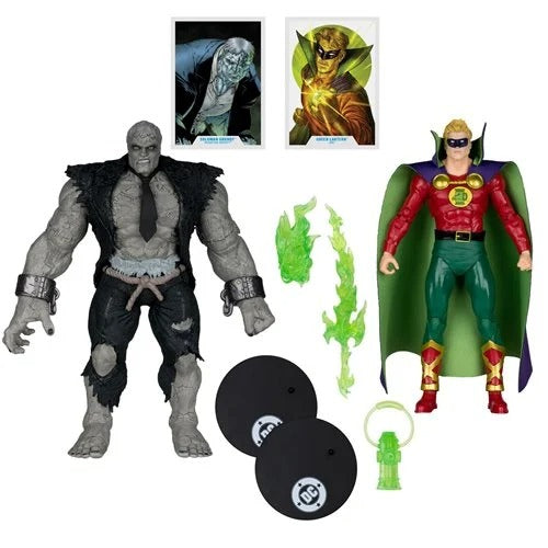 Two action figures with accessories on a white background