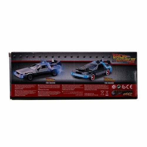 Toy car packaging for 'Back to the Future' with two time machine models on a black background.