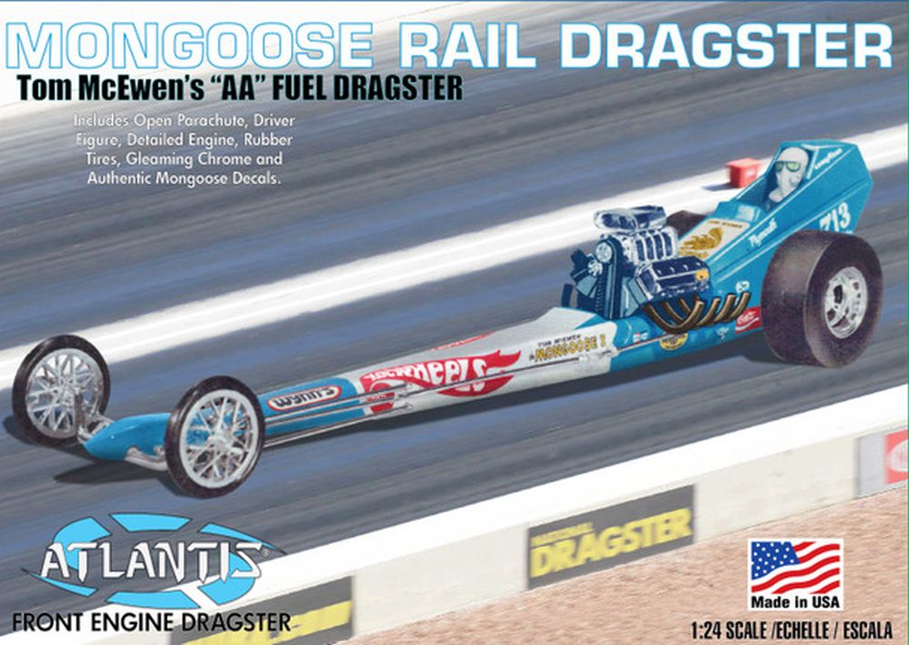 Atlantis Models 1/24 Tom Mongoose McEwen Front Engine Dragster Plastic Model — Plastic model kit
