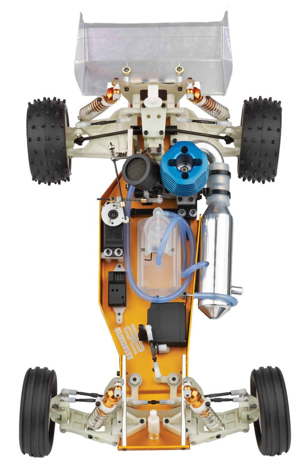 A Team Associated RC10GT with visible components on a white background